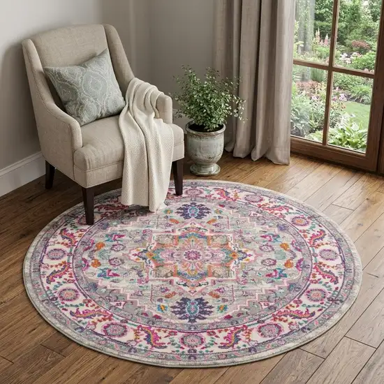 5' Gray Round Floral Power Loom Area Rug Photo 1