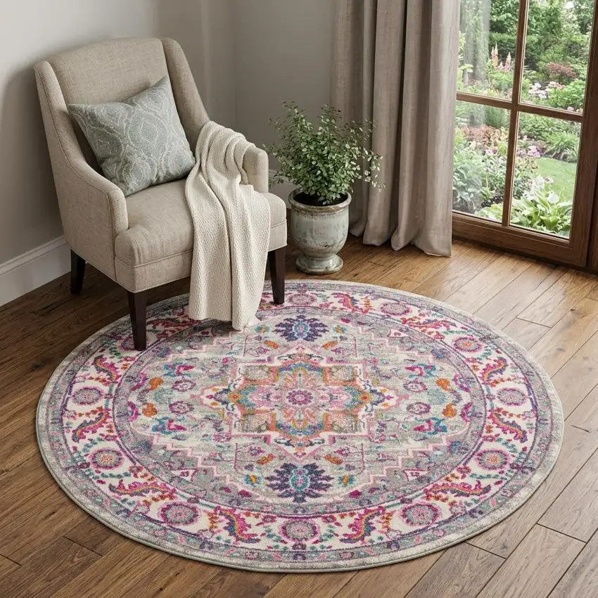 5' Gray Round Floral Power Loom Area Rug Photo 1