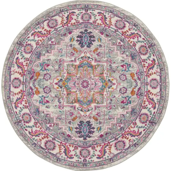 5' Gray Round Floral Power Loom Area Rug Photo 4