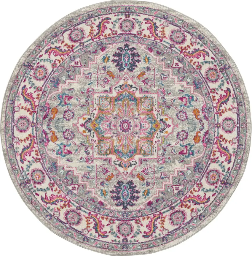 5' Gray Round Floral Power Loom Area Rug Photo 4