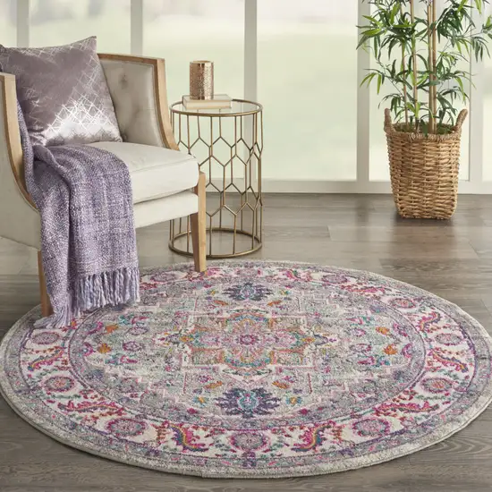 4' Gray Round Floral Power Loom Area Rug Photo 8