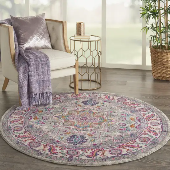 4' Gray Round Floral Power Loom Area Rug Photo 9