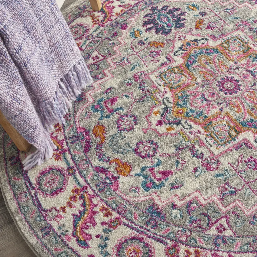 4' Gray Round Floral Power Loom Area Rug Photo 7