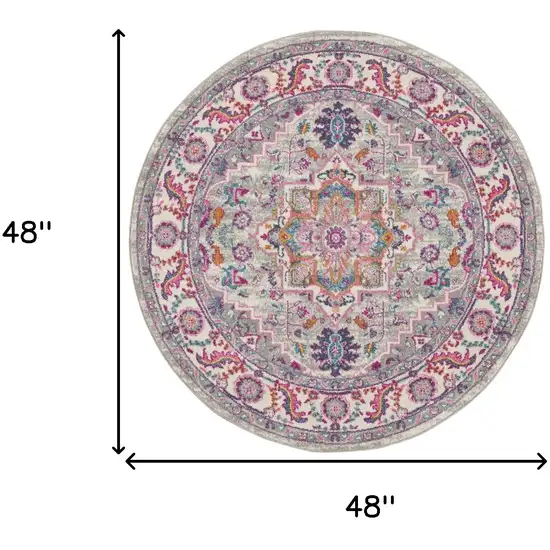 4' Gray Round Floral Power Loom Area Rug Photo 3