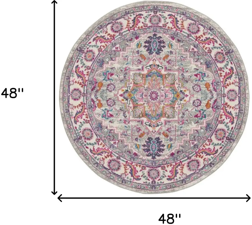 4' Gray Round Floral Power Loom Area Rug Photo 3