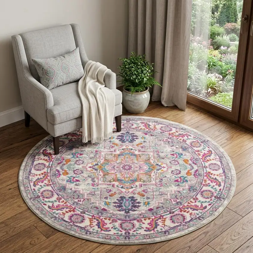 4' Gray Round Floral Power Loom Area Rug Photo 1