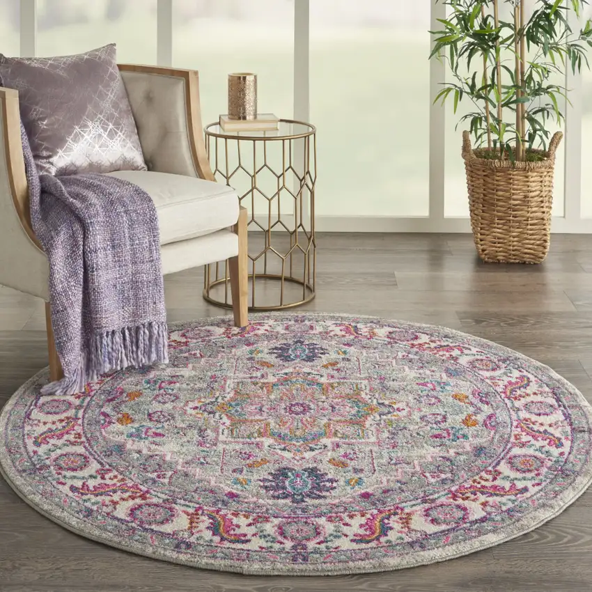 4' Gray Round Floral Power Loom Area Rug Photo 5