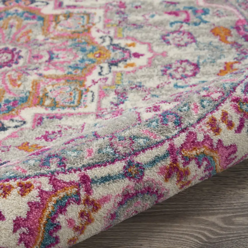 4' Gray Round Floral Power Loom Area Rug Photo 9