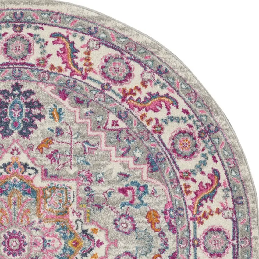 4' Gray Round Floral Power Loom Area Rug Photo 9