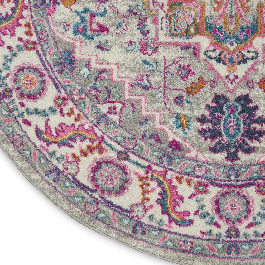 4' Gray Round Floral Power Loom Area Rug Photo 9