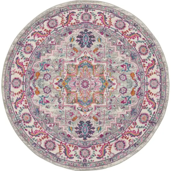 4' Gray Round Floral Power Loom Area Rug Photo 1