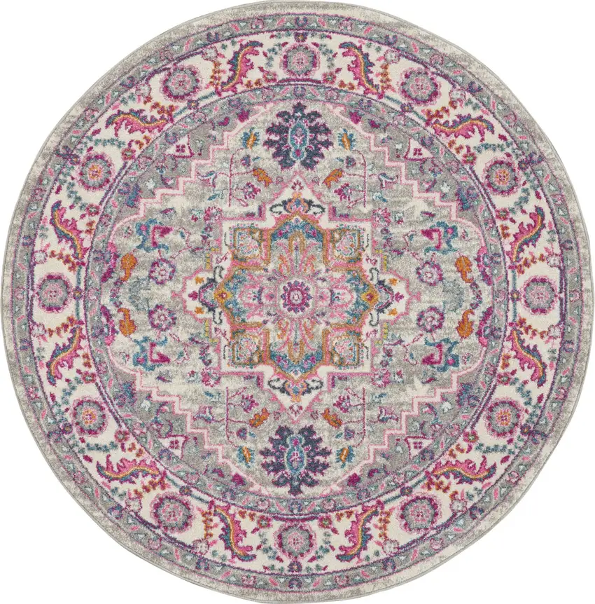 4' Gray Round Floral Power Loom Area Rug Photo 1