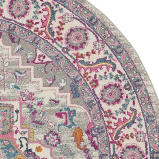 8' Gray Round Floral Power Loom Area Rug Photo 8