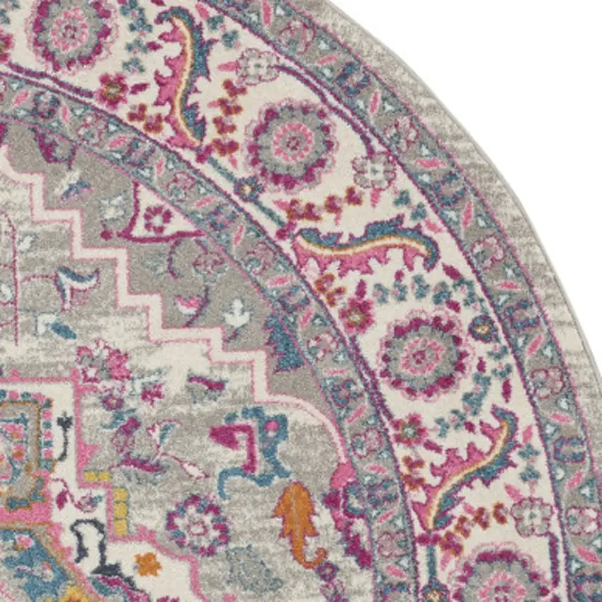 8' Gray Round Floral Power Loom Area Rug Photo 8