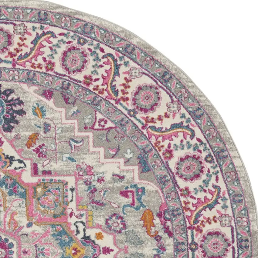 8' Gray Round Floral Power Loom Area Rug Photo 9