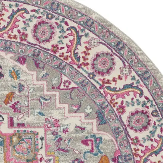 8' Gray Round Floral Power Loom Area Rug Photo 1