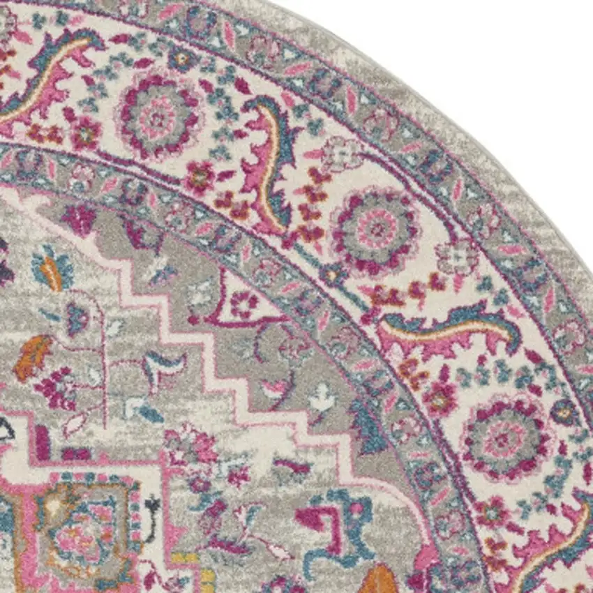 8' Gray Round Floral Power Loom Area Rug Photo 1