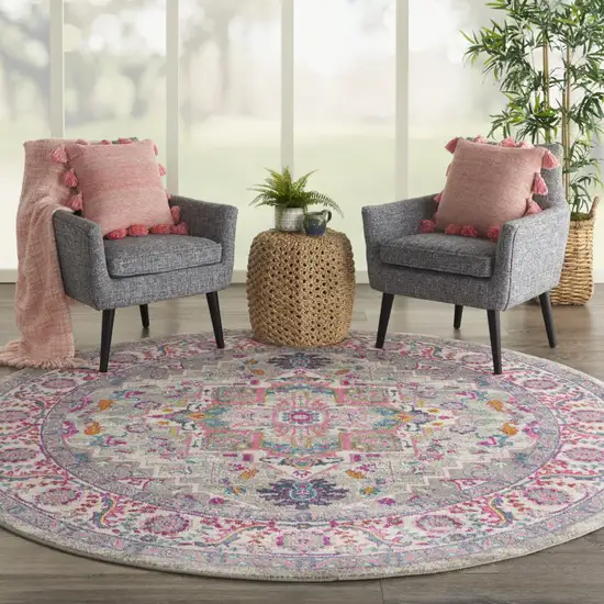 8' Gray Round Floral Power Loom Area Rug Photo 5