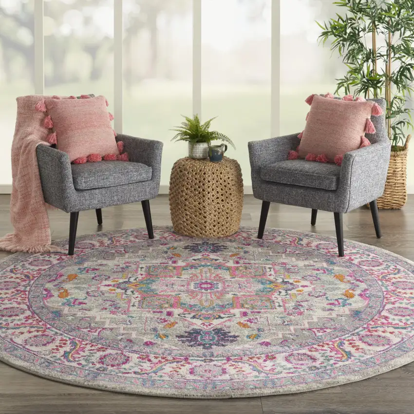 8' Gray Round Floral Power Loom Area Rug Photo 5