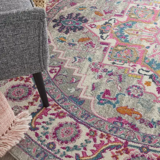 8' Gray Round Floral Power Loom Area Rug Photo 9