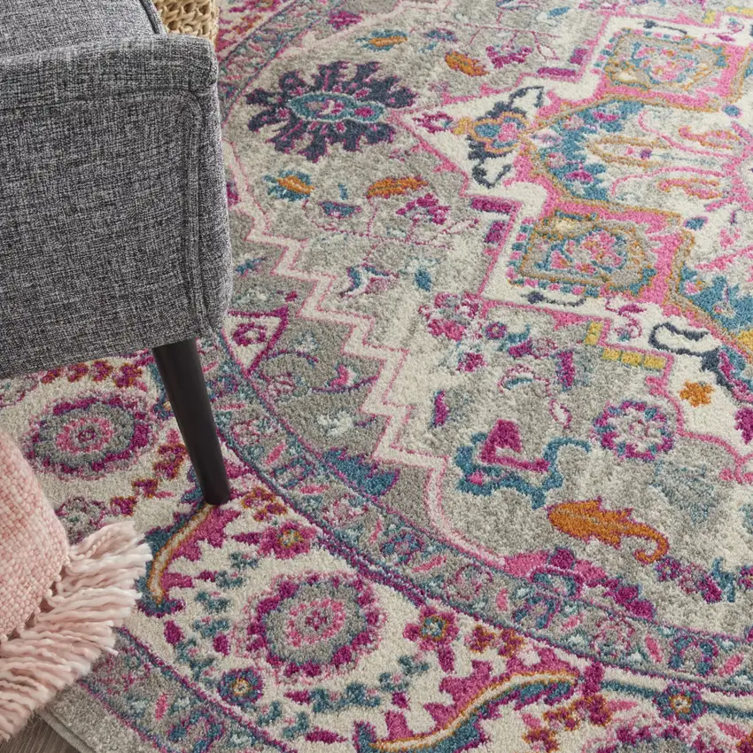 8' Gray Round Floral Power Loom Area Rug Photo 9