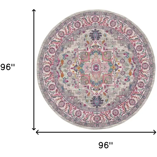 8' Gray Round Floral Power Loom Area Rug Photo 3