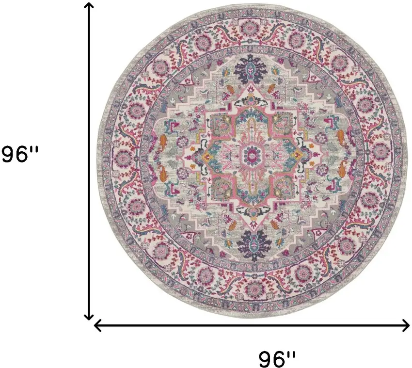 8' Gray Round Floral Power Loom Area Rug Photo 3