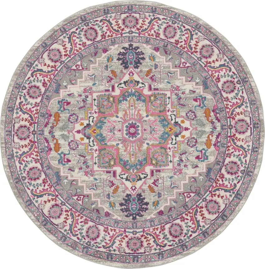 8' Gray Round Floral Power Loom Area Rug Photo 1