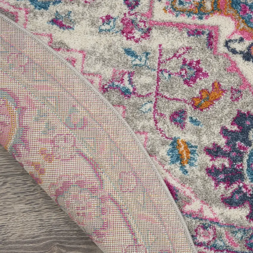 8' Gray Round Floral Power Loom Area Rug Photo 5