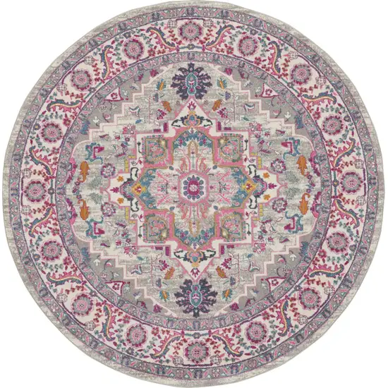 8' Gray Round Floral Power Loom Area Rug Photo 4