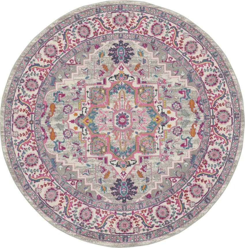 8' Gray Round Floral Power Loom Area Rug Photo 4