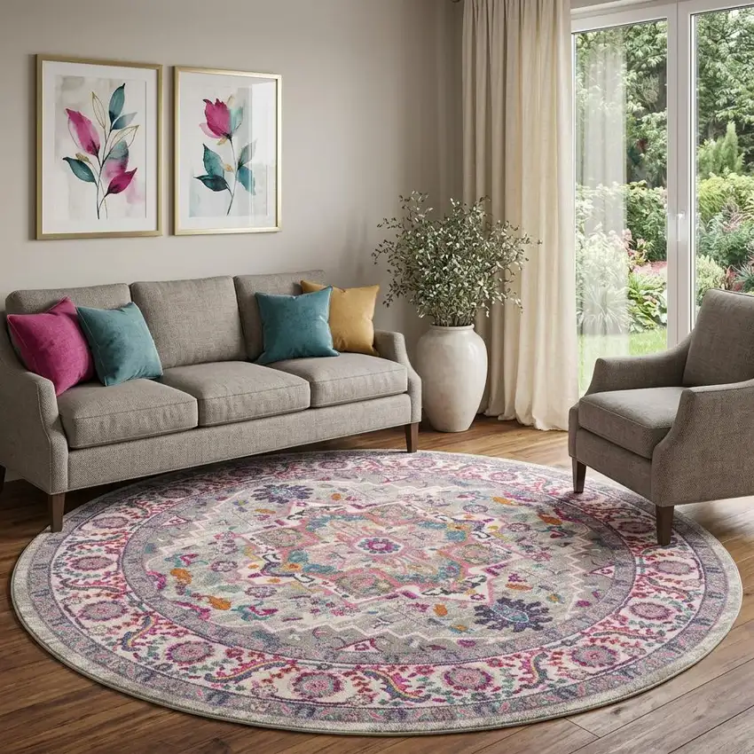 8' Gray Round Floral Power Loom Area Rug Photo 1