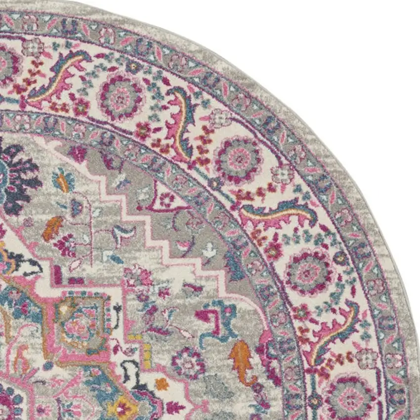 8' Gray Round Floral Power Loom Area Rug Photo 3
