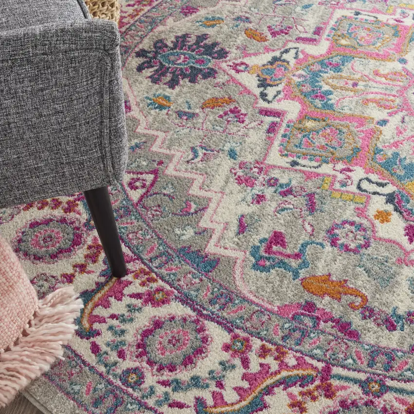 8' Gray Round Floral Power Loom Area Rug Photo 7