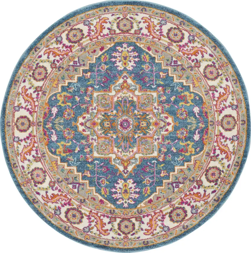 5' Gray Round Floral Power Loom Area Rug Photo 4