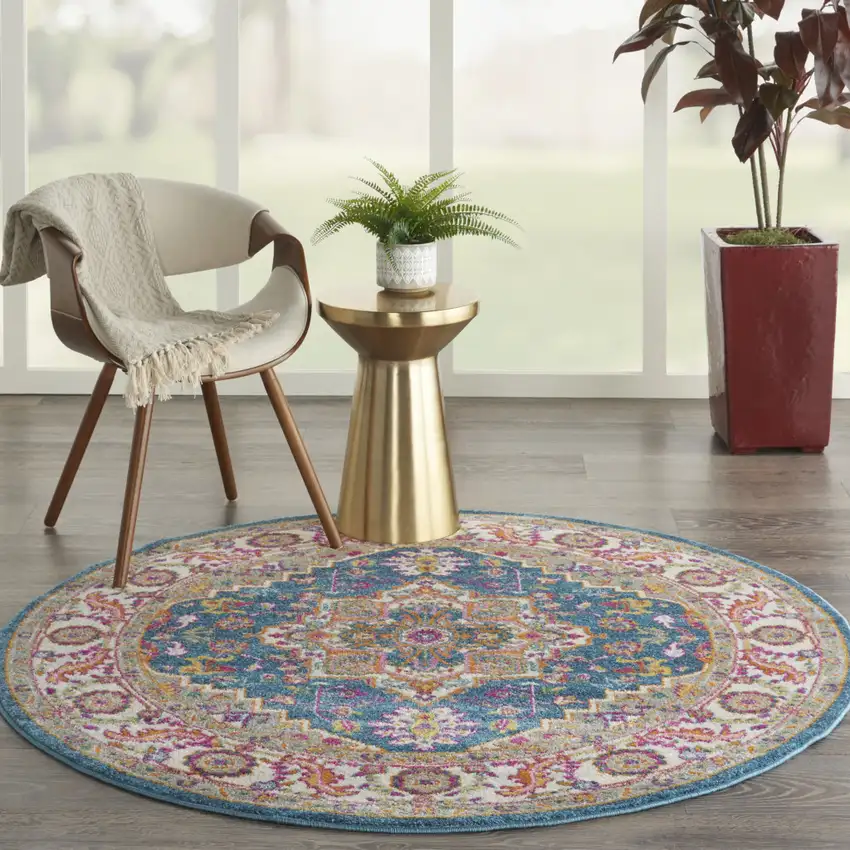 5' Gray Round Floral Power Loom Area Rug Photo 5