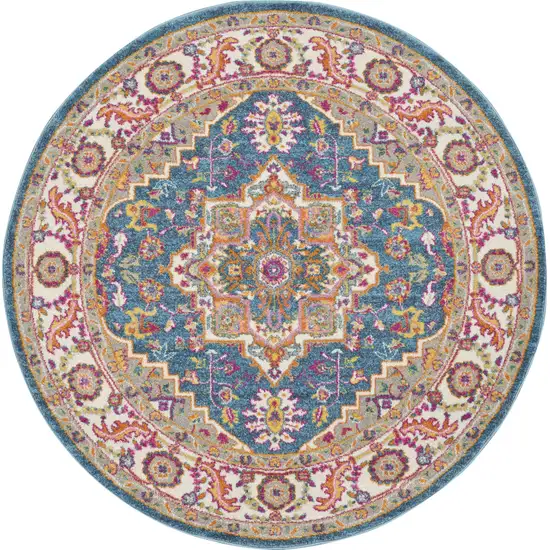 5' Gray Round Floral Power Loom Area Rug Photo 1