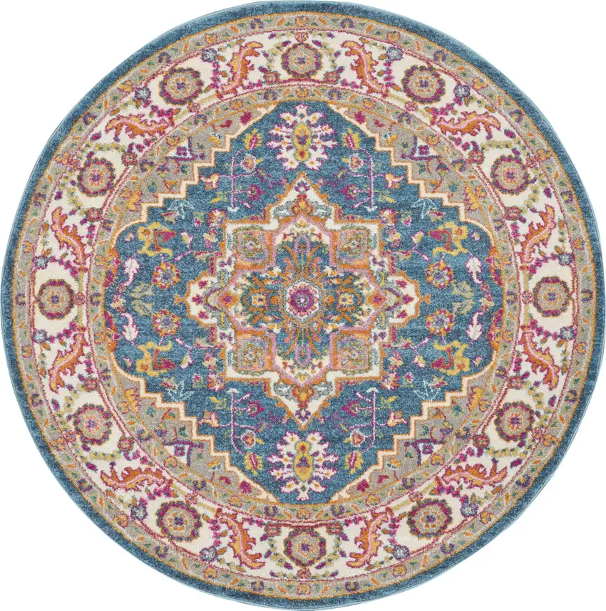 5' Gray Round Floral Power Loom Area Rug Photo 1