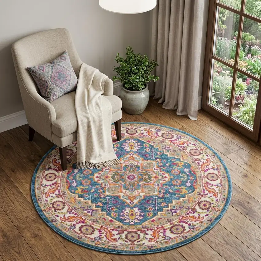 5' Gray Round Floral Power Loom Area Rug Photo 1
