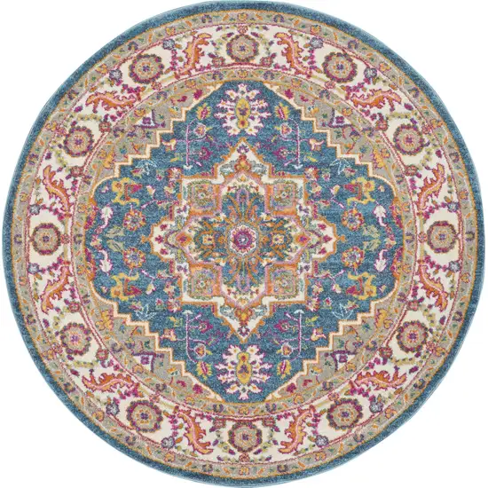 4' Gray Round Floral Power Loom Area Rug Photo 4