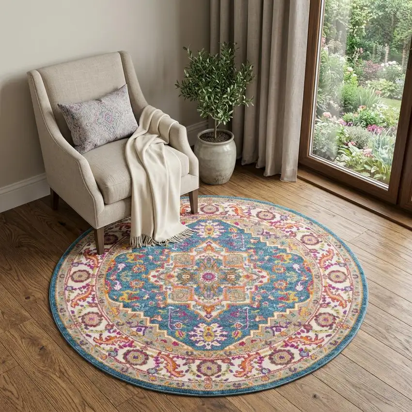 4' Gray Round Floral Power Loom Area Rug Photo 1