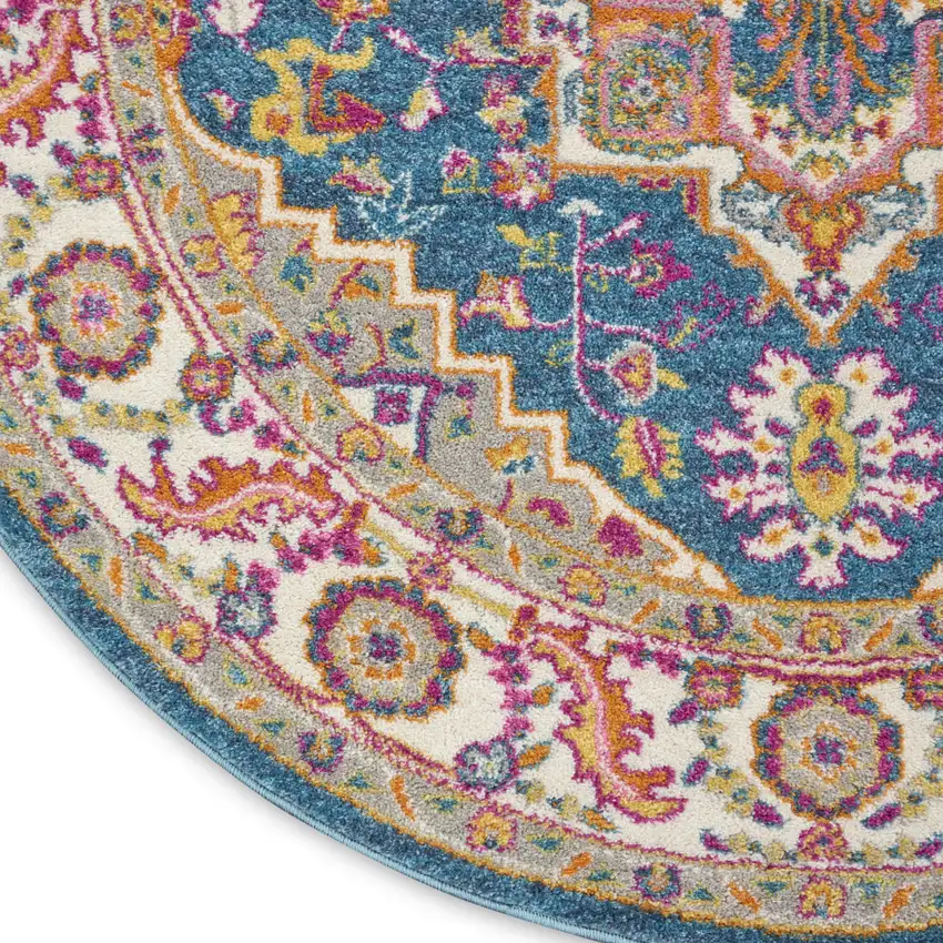 4' Gray Round Floral Power Loom Area Rug Photo 9