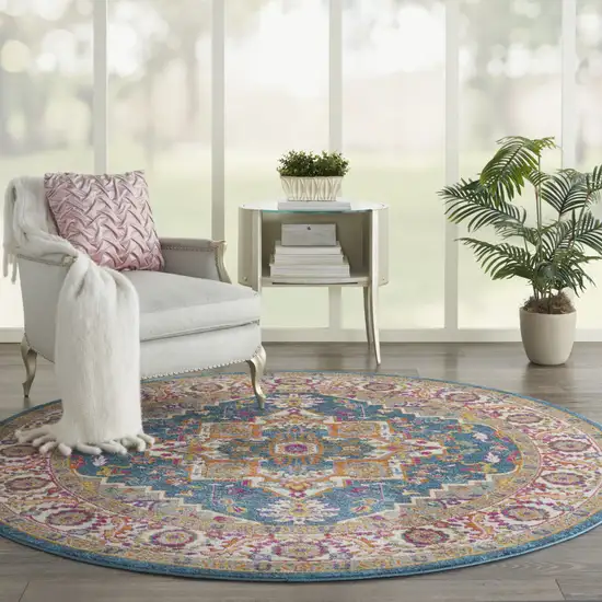 8' Gray Round Floral Power Loom Area Rug Photo 5