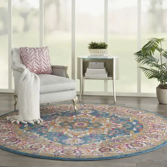 8' Gray Round Floral Power Loom Area Rug Photo 9