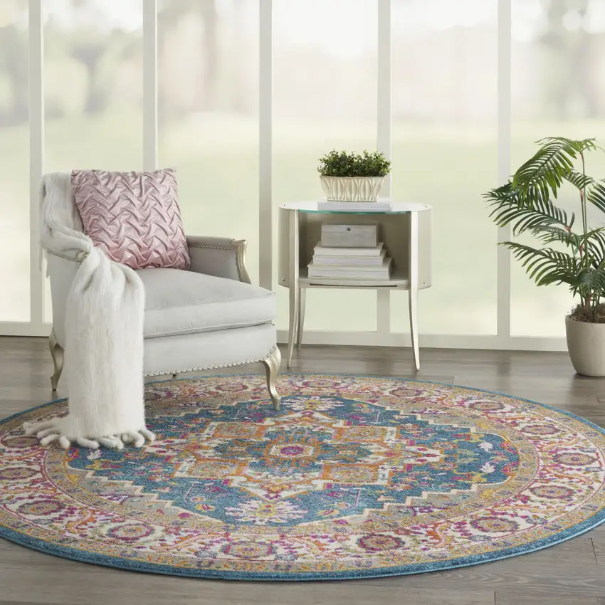 8' Gray Round Floral Power Loom Area Rug Photo 9