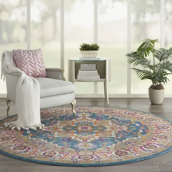 8' Gray Round Floral Power Loom Area Rug Photo 8