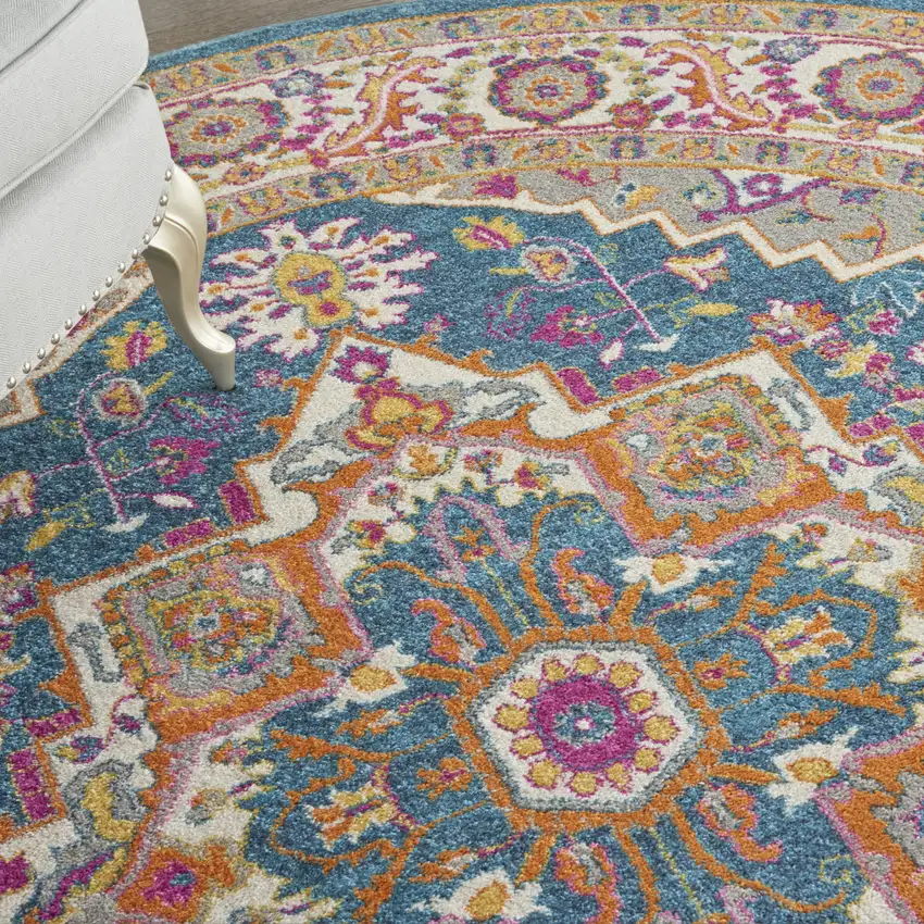 8' Gray Round Floral Power Loom Area Rug Photo 6