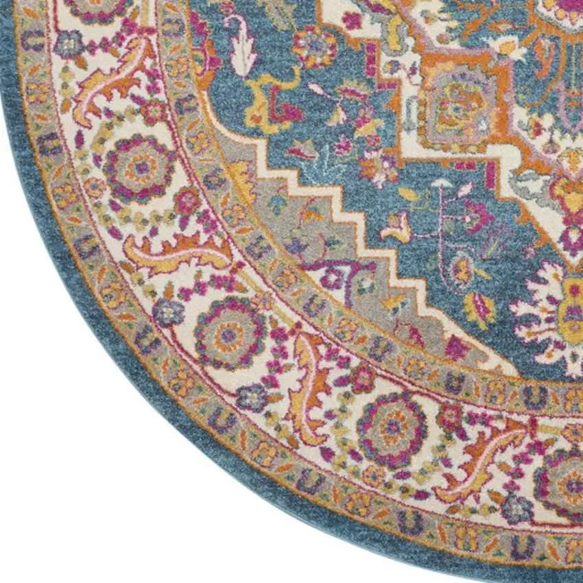 8' Gray Round Floral Power Loom Area Rug Photo 3