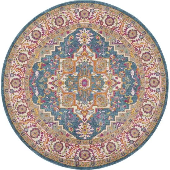 8' Gray Round Floral Power Loom Area Rug Photo 1