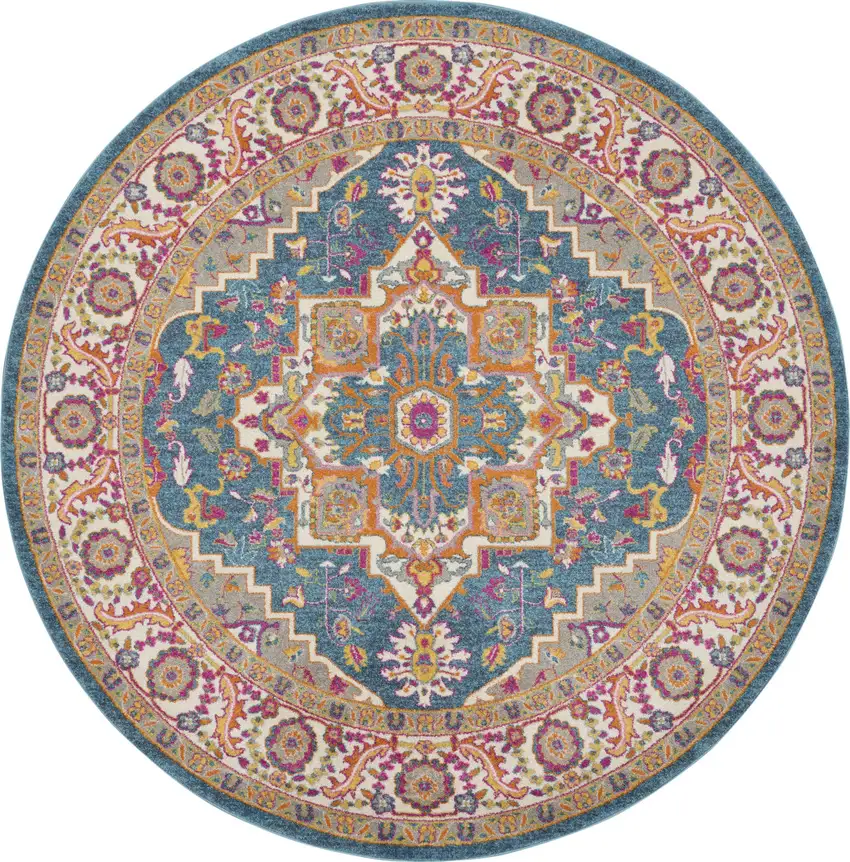 8' Gray Round Floral Power Loom Area Rug Photo 1